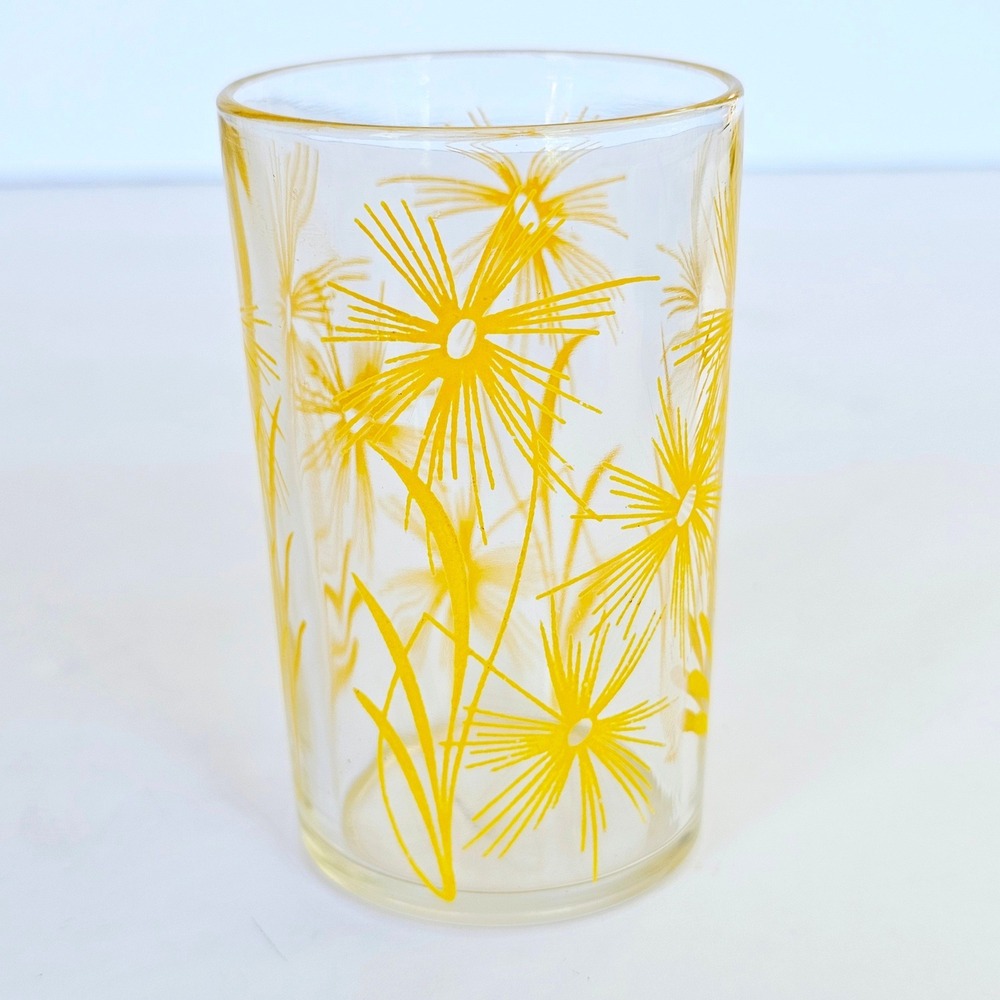 Vintage Mid Century Modern Yellow Floral Dandelion Juice Glass Tumbler Retro MCM